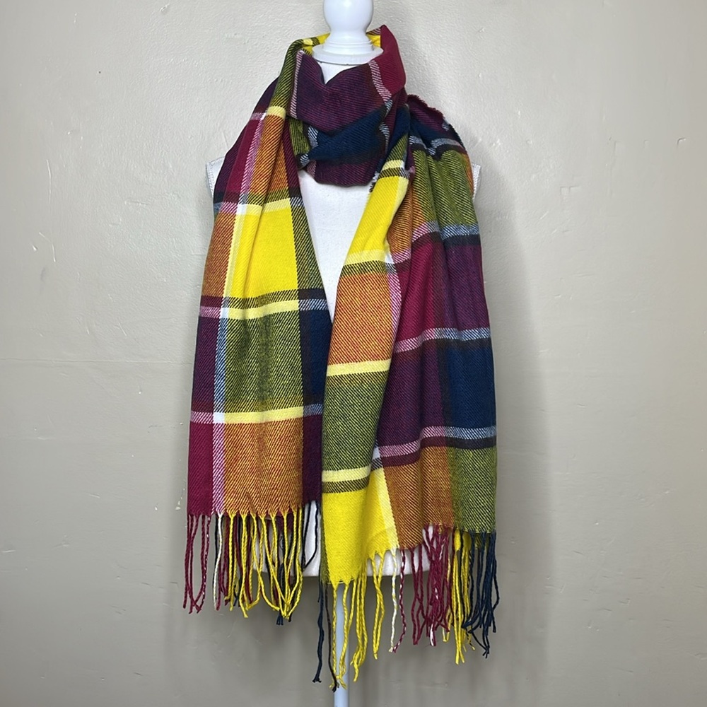 NY & Co Wide Scarf Shawl Burgundy & Yellow Plaid Fringe Edge Cozy Warm NWT OS